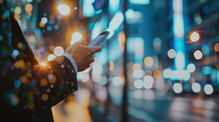 Businessman Using Smartphone in a City at Night