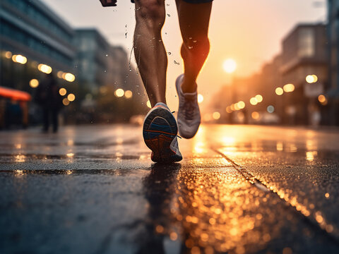 Marathon runners illuminated by evening light
