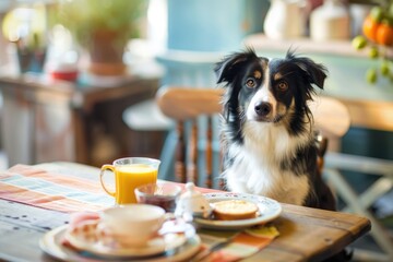 Dog Dinner Table. Cute Canine Sitting at Served Dining Table Indoors