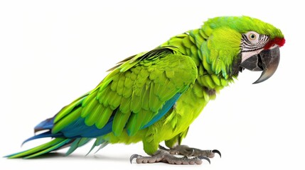 Obraz premium A green and blue parrot is standing on a white background