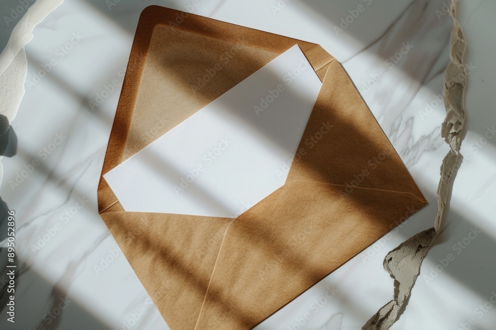 Aufkleber kraft envelope. blank paper card and envelope for mail and messages on grey background