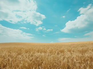 Fototapeta premium Golden wheat field under cloudy sky. Agricultural landscape and rural scenery. Banner, backdrop. Agriculture and farming