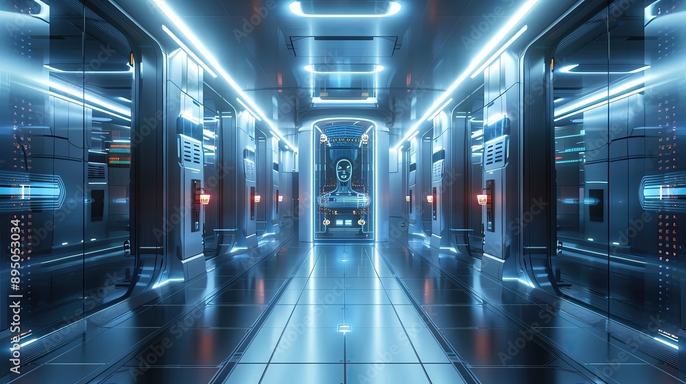 Poster futuristic data center with advanced technology and glowing blue lights, representing high-tech infr