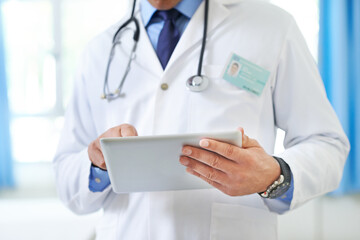 Doctor, hands and tablet for healthcare chart on clinic website, update and man for medicine help. Male person, physician and medical support for treatment or diagnosis, surgery schedule and news