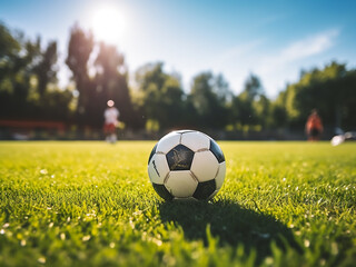 Fototapeta premium Soccer match on a green field with bright summer sunlight