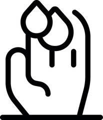 Black and white line art illustration of a hand holding two drops of water, symbolizing water conservation