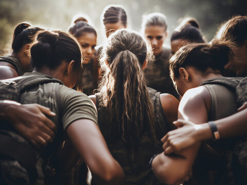 Fit group of women huddling together in a boot camp