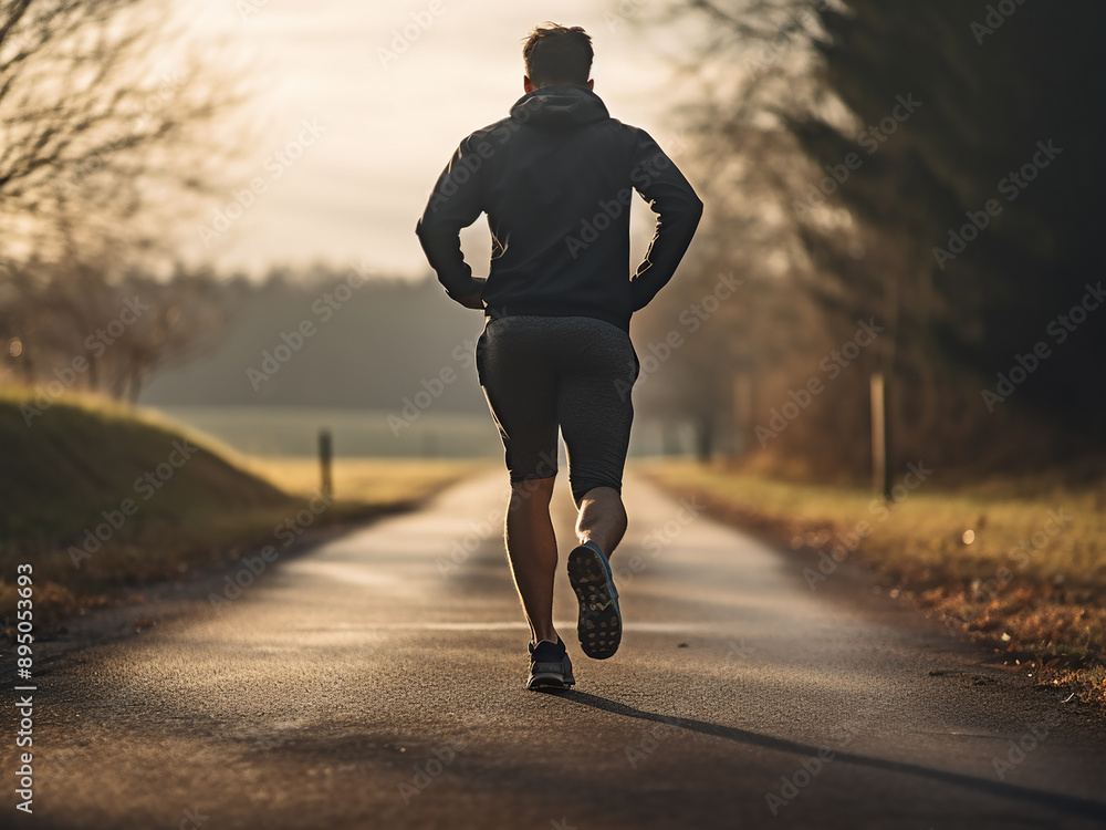 Poster rear view of fit mixed-race man running outside during his exercise routine