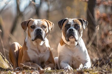 Obraz premium American Bulldogs - Two Muscular Dogs Enjoying Summer Outdoors