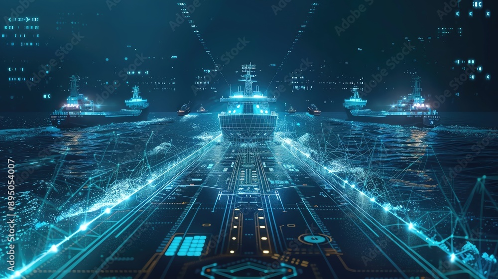 Poster digital network connection concept showcasing futuristic battleships. high-tech naval fleet with hol
