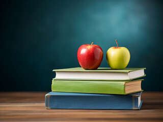 School books and an apple on a desk with a blackboard backdrop