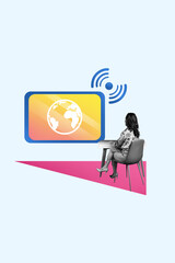 Vertical poster collage woman sit watch tv set display screen news world signal network internet connection broadcasting