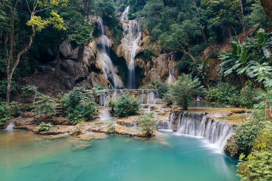 Beautiful waterfalls and lush vegetation at Kuang Si Waterfall in Laos; Luang Prabang Province, Laos