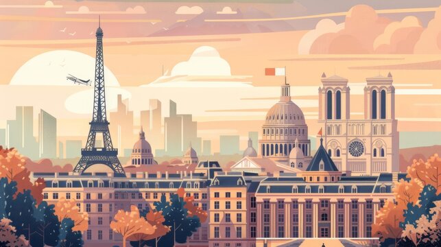 Paris 2024 venues with iconic landmarks, flat , vintage style, muted tones, detailed illustrations