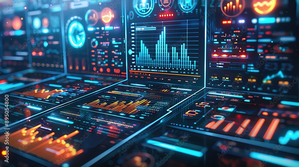 Aufkleber futuristic technology interface with multiple data screens, graphs, and charts. perfect for themes o
