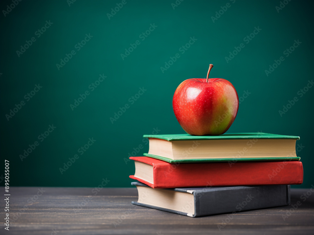 Poster stack of books with a red apple on top, set against a dark background