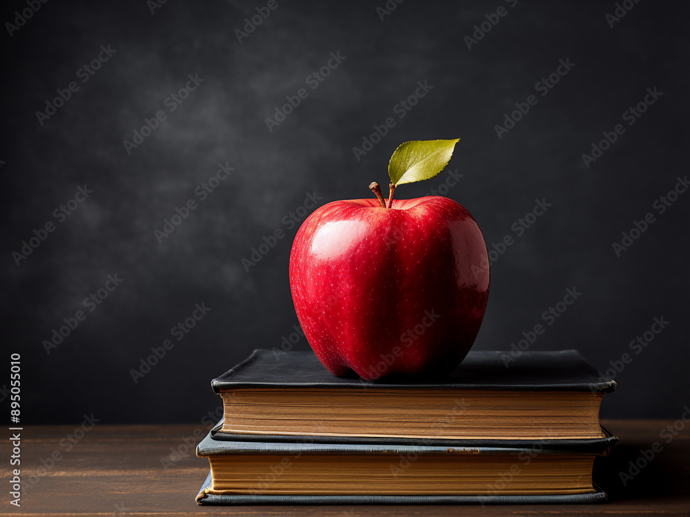 Poster dark background with a stack of books and a red apple on top