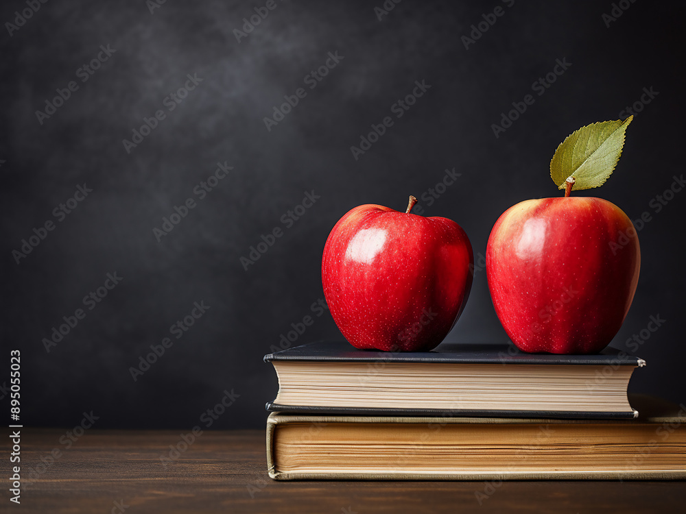 Poster Stack of books with a red apple and a blackboard featuring text