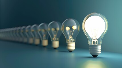 Light Bulb Out. Row of Light Bulbs, One Shining. Idea, Creativity, Leadership Concepts. 3D Rendering Illustration with Copy Space