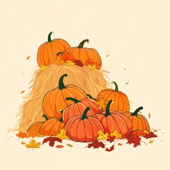 Naklejka premium Autumn Harvest Illustration. Pumpkins and Hay Bale with Falling Leaves