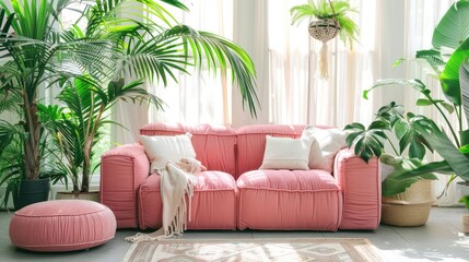 Indoor plants in chic, contemporary decor. Summer vibe. Bright living room with pink sofa and palm decorations.
