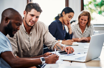 Notes, meeting and business people at laptop with planning for project development, career growth...