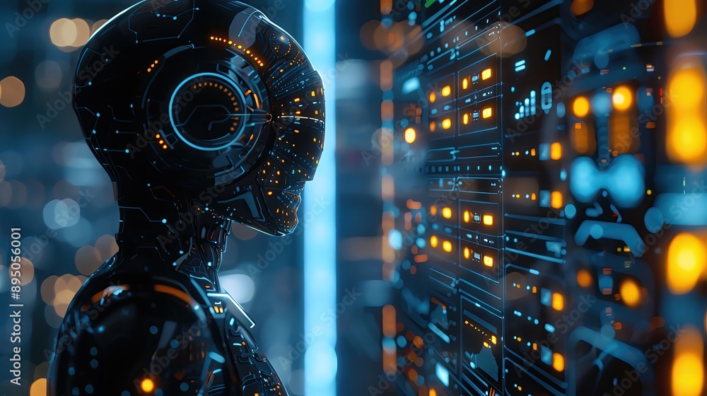 Poster futuristic ai robot interacting with a data server filled with glowing lights and technology element