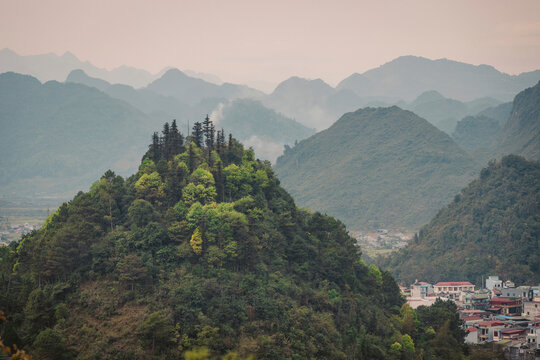Mountainous landscape at twilight in the Vietnam countryside; Quan Ba, Ha Giang, Vietnam