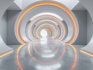 Fototapeta premium White background 3D room light abstract space technology tunnel stage floor. Empty white future 3D neon background studio futuristic corridor render modern interior silver road black wall design gray.