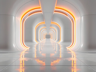 Obraz premium White background 3D room light abstract space technology tunnel stage floor. Empty white future 3D neon background studio futuristic corridor render modern interior silver road black wall design gray.