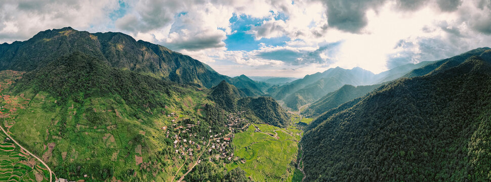 Town in the valley of a mountainous landscape in Son La, Vietnam; Nam Pam, Muong La District, Son La, Vietnam