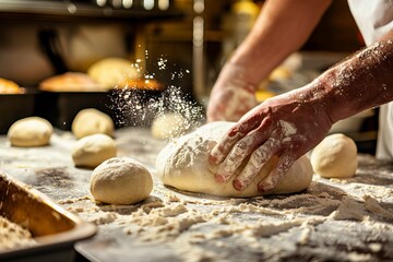 Baker shaping dough in floury kitchen