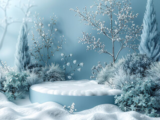 Fototapeta premium Winter podium background snow product 3D platform frosty scene display. Winter podium snow background product stage cold beauty