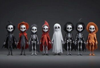 Halloween illustration featuring various characters in costumes, skeletons, witches, ghosts, and vampires, against a dark background. A spooky and playful scene full of classic Halloween icons.