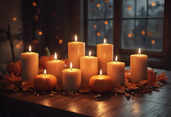 A group of candles on a table during Halloween, surrounded by small pumpkins and autumn leaves. The candlelight flickers, creating a warm and cozy ambiance.