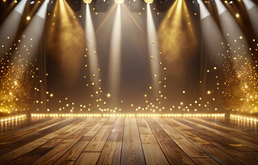  A golden wood podium illuminated by soft light and floating particles. The stage is highlighted by a gold spotlight, creating a warm and inviting atmosphere in the empty space.