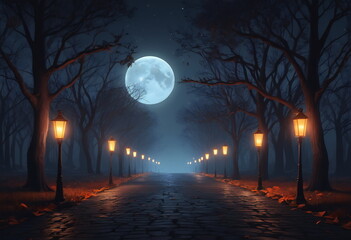 
A deserted street lined with houses adorned for Halloween, lanterns casting an eerie glow. Shadows of costumed figures stretch across the road, adding to the mystical ambiance.