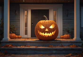 A large pumpkin with a carved, frightening face sits on the porch of a house for Halloween. Inner light glows warmly from the pumpkin in yellow tones, illuminating the night