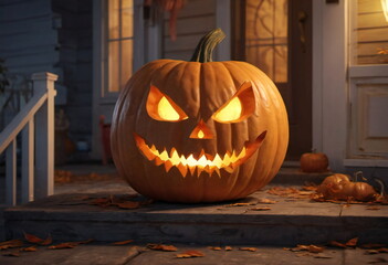 A large pumpkin with a carved, frightening face sits on the porch of a house for Halloween. Inner light glows warmly from the pumpkin in yellow tones, illuminating the night