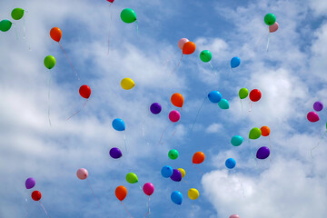 multicolored balloons with helium on a blue sky background