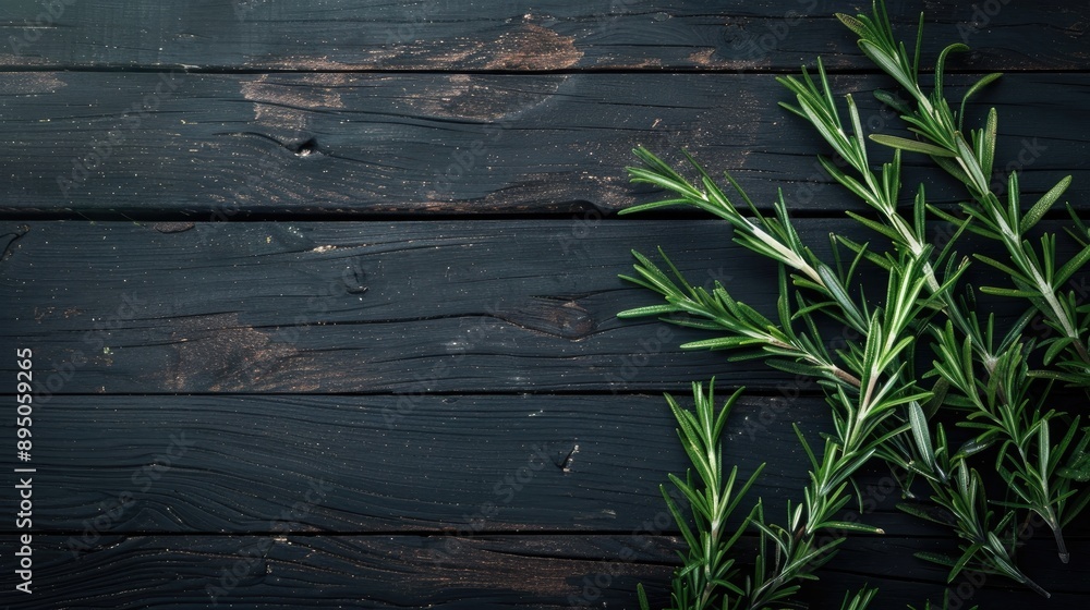 Wall mural Rosemary herbs displayed on dark wooden table from top view