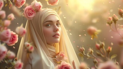 Ethereal depiction of St. Therese with a cascade of roses falling around her, serene expression, soft pastel colors in the background, divine light creating a heavenly glow