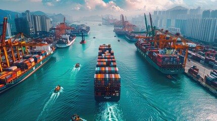 Fototapeta premium Bustling Port Activity â€“ Cargo Ships, Cranes, and Workers Loading Containers Shot with Sony A7 IV