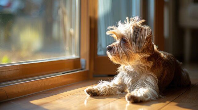 Small pet dog Bolonka Zwetna basking in sunlight by glass door on wood surface