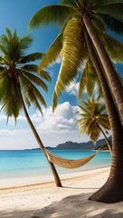 Remote tropical empty beach with palm trees and white sand