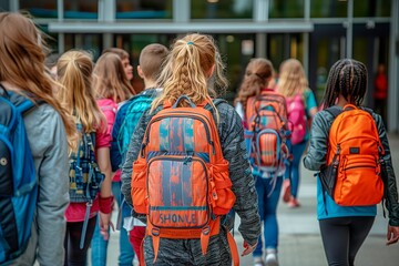 A group of students is walking together on a school campus, viewed from behind. High school entrance. Back to the school concept with copy space
