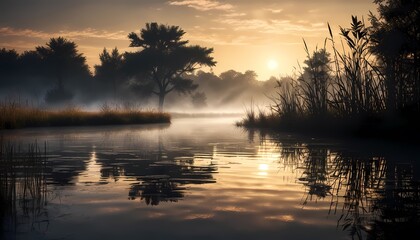 Fototapeta premium Early morning, a pond with reeds, small rays of the morning sun, scattered fog, idyll, silence, calm and tranquility, Abstract-Art, Painting-Art, Provocative-Art, Watercolor-Art