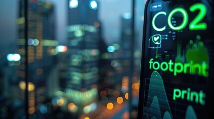 Close-up of mobile phone displaying CO2 footprint tracking app in cityscape