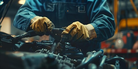 A mechanic is working on a car engine. Concept of focus and concentration as the mechanic carefully inspects the engine. The scene suggests that the mechanic is skilled and experienced in his work