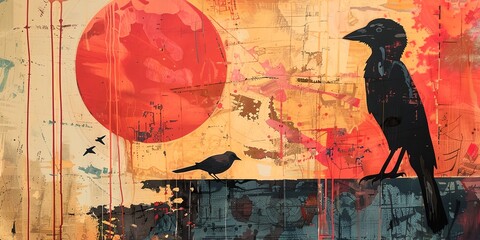 A painting of a black bird sitting on a ledge next to a red sun. The bird is looking to the left